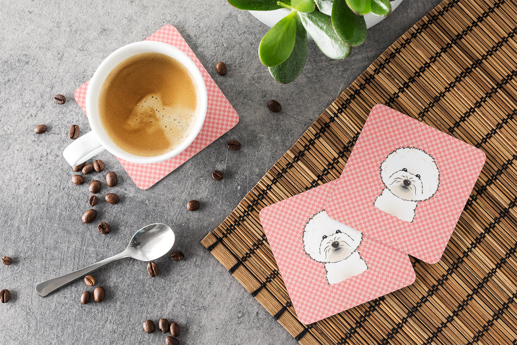 Checkerboard Pink Bichon Frise Foam Coasters Set of 4 Cup Coasters for Indoor Outdoor, Tabletop Protection, Anti Slip, Mouse pad Material