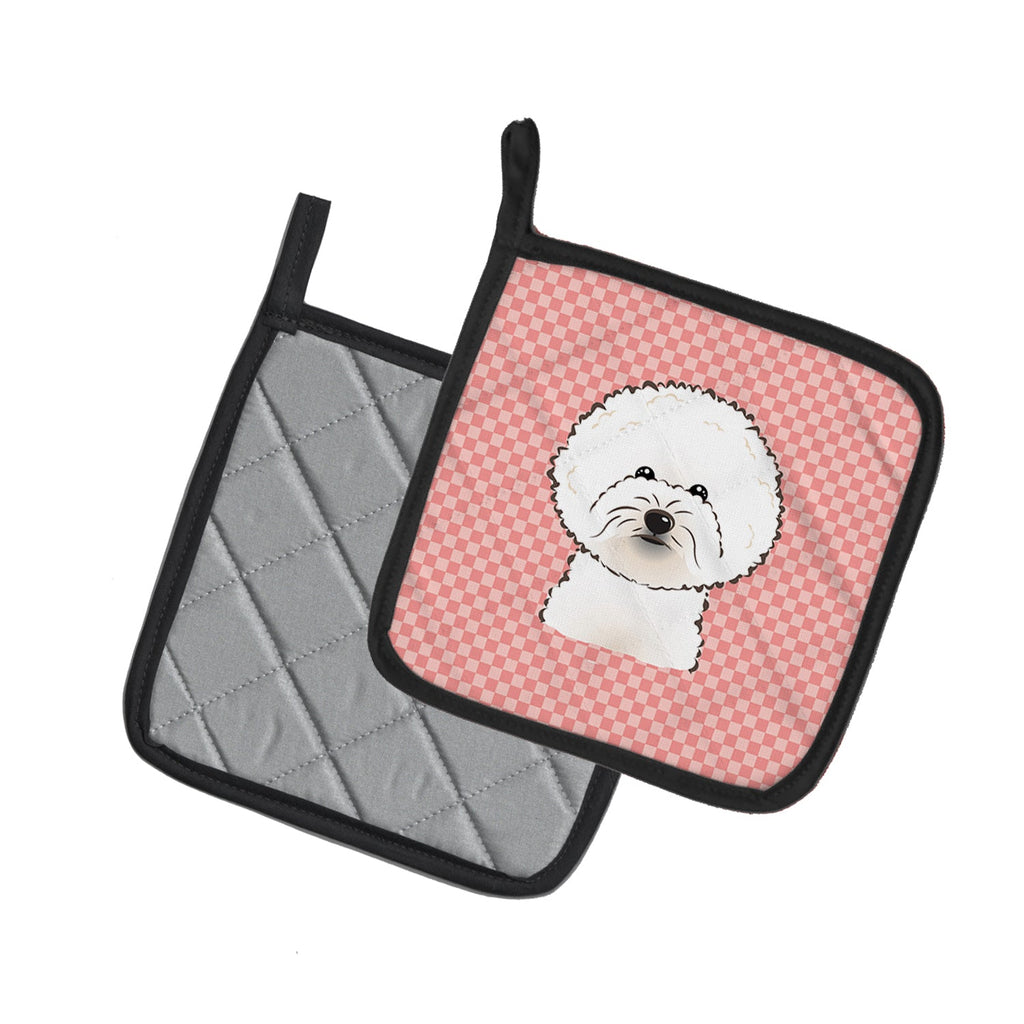 Checkerboard Pink Bichon Frise Pot Holder Set of 2 Heat Resistant Quilted Hot Pads 7.5 x 7.5 Inch, Insulated Kitchen Trivets for Cooking & Baking