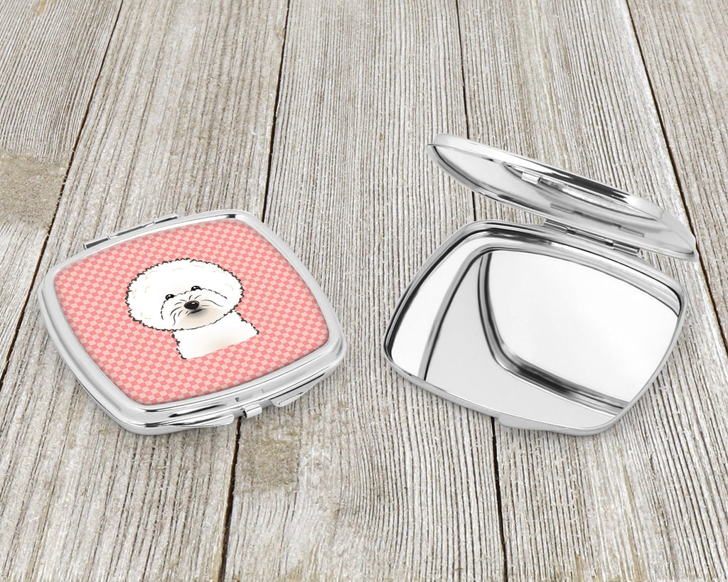 Checkerboard Pink Bichon Frise Compact Mirror Decorative Travel Makeup Mirror for Women Girls Gifts Pocket Makeup Mirror Folding Handheld
