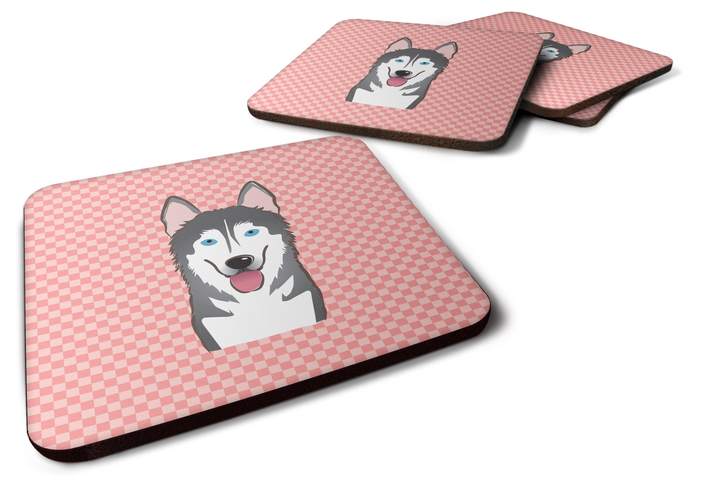 Checkerboard Pink Alaskan Malamute Foam Coasters Set of 4 Cup Coasters for Indoor Outdoor, Tabletop Protection, Anti Slip, Mouse pad Material
