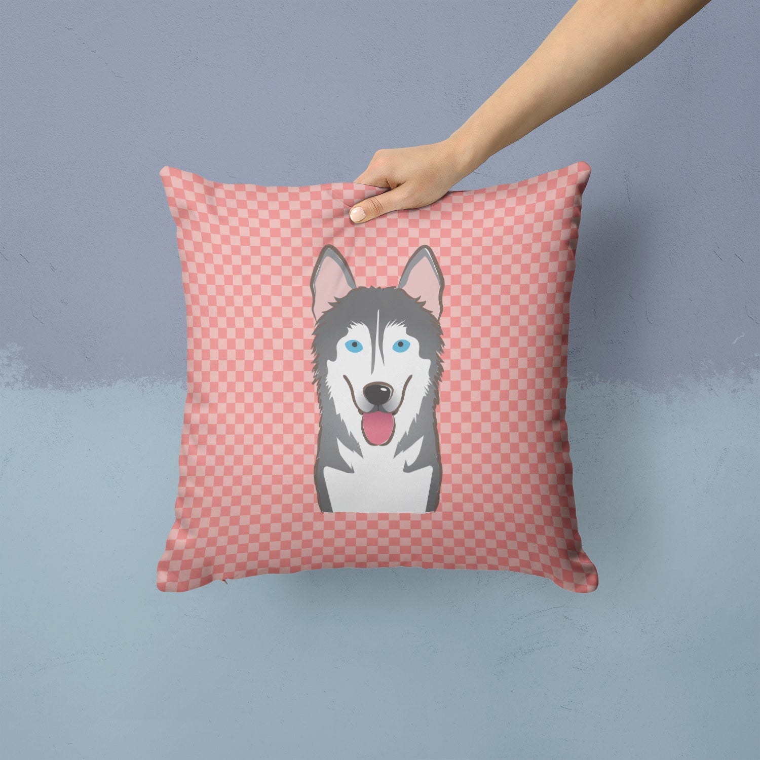 Checkerboard Pink Alaskan Malamute Decorative Throw Pillow 14x14 Indoor Outdoor Accent Cushion, Fabric Cover with Insert for Sofa, Bed, Porch & Living Room