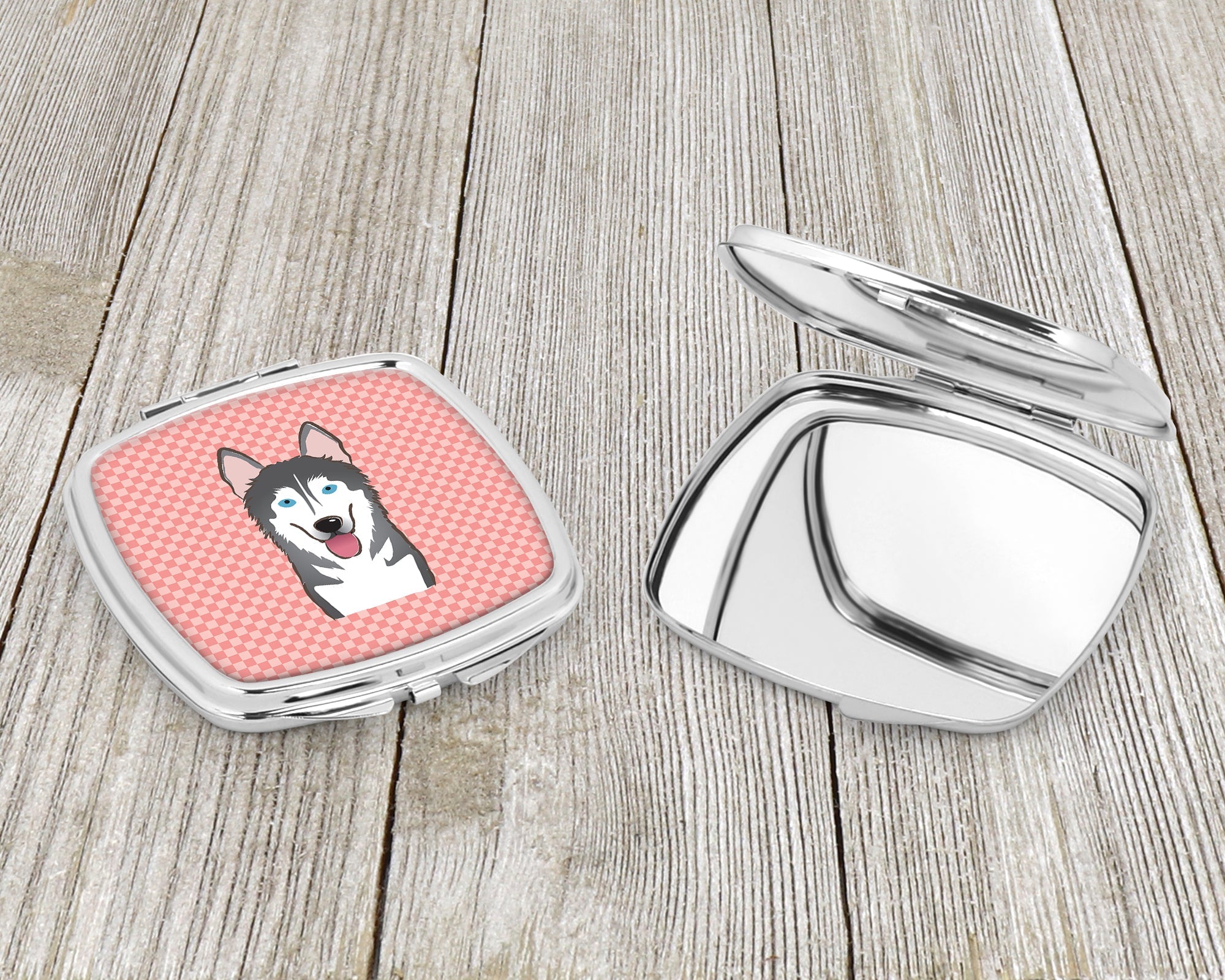 Checkerboard Pink Alaskan Malamute Compact Mirror Decorative Travel Makeup Mirror for Women Girls Gifts Pocket Makeup Mirror Folding Handheld