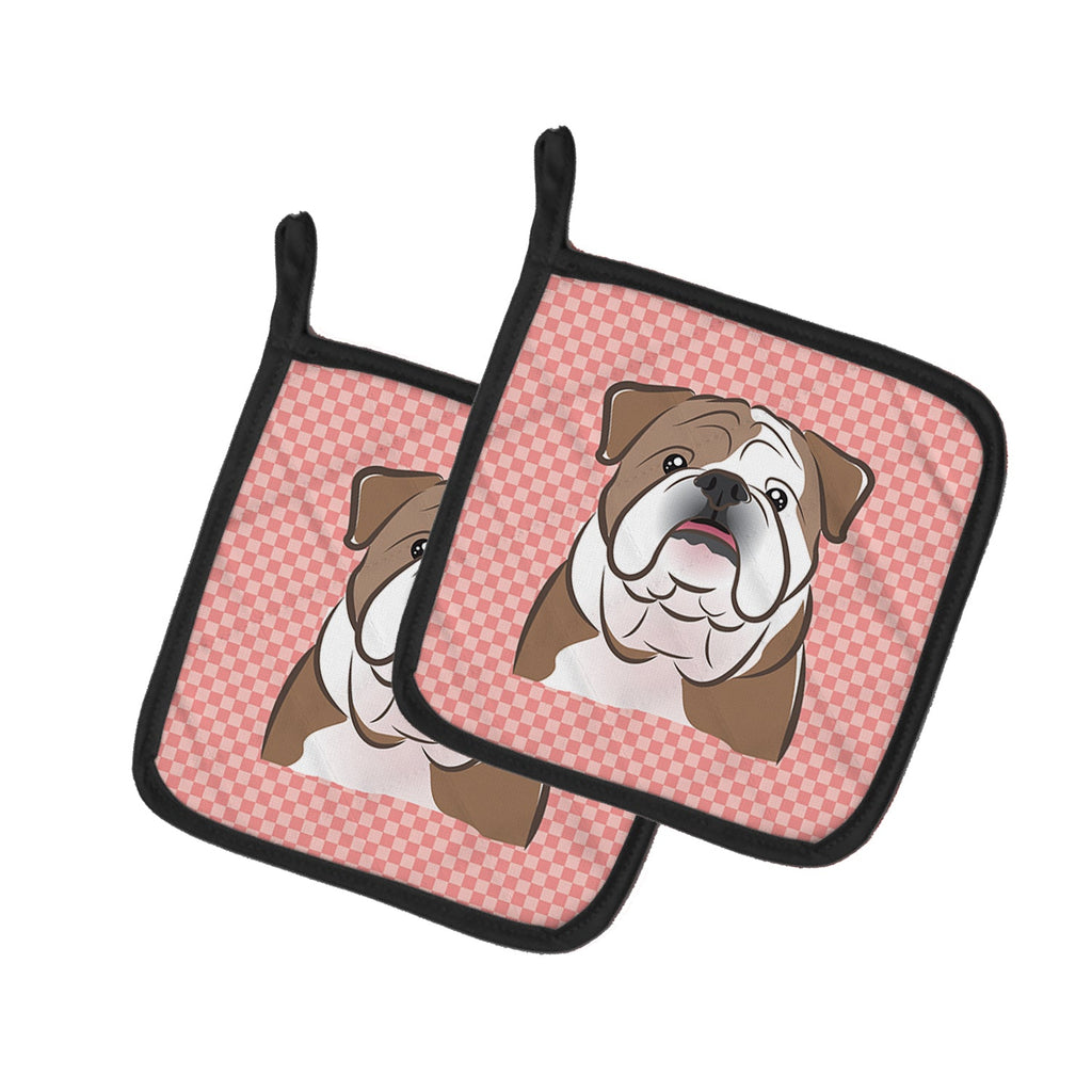 Checkerboard Pink English Bulldog  Pot Holder Set of 2 Heat Resistant Quilted Hot Pads 7.5 x 7.5 Inch, Insulated Kitchen Trivets for Cooking & Baking