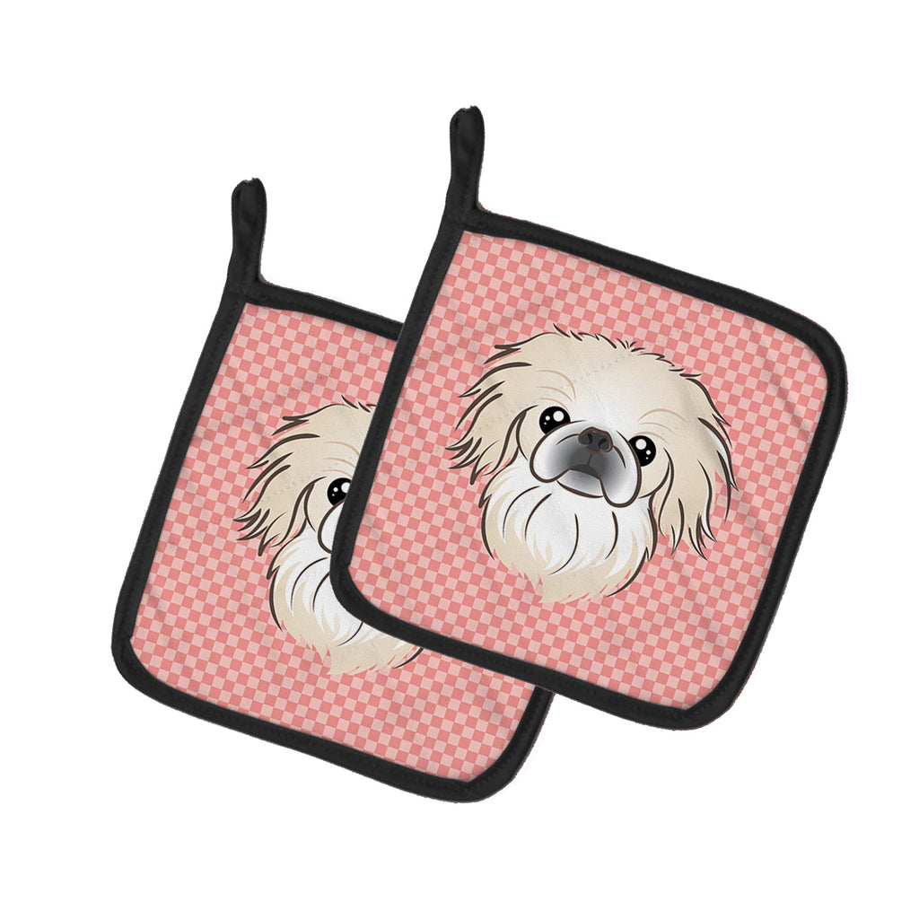 Checkerboard Pink Pekingese Pot Holder Set of 2 Heat Resistant Quilted Hot Pads 7.5 x 7.5 Inch, Insulated Kitchen Trivets for Cooking & Baking