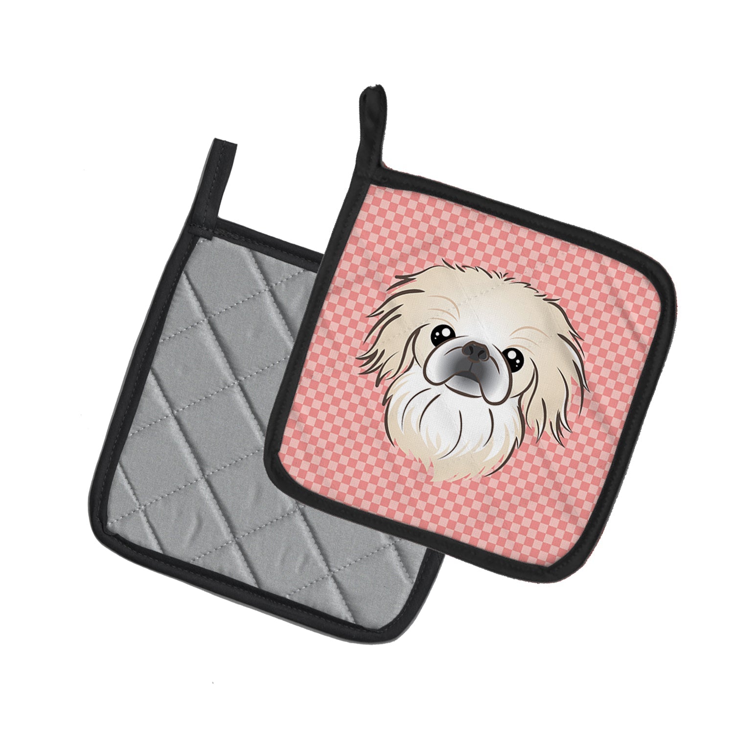 Checkerboard Pink Pekingese Pot Holder Set of 2 Heat Resistant Quilted Hot Pads 7.5 x 7.5 Inch, Insulated Kitchen Trivets for Cooking & Baking