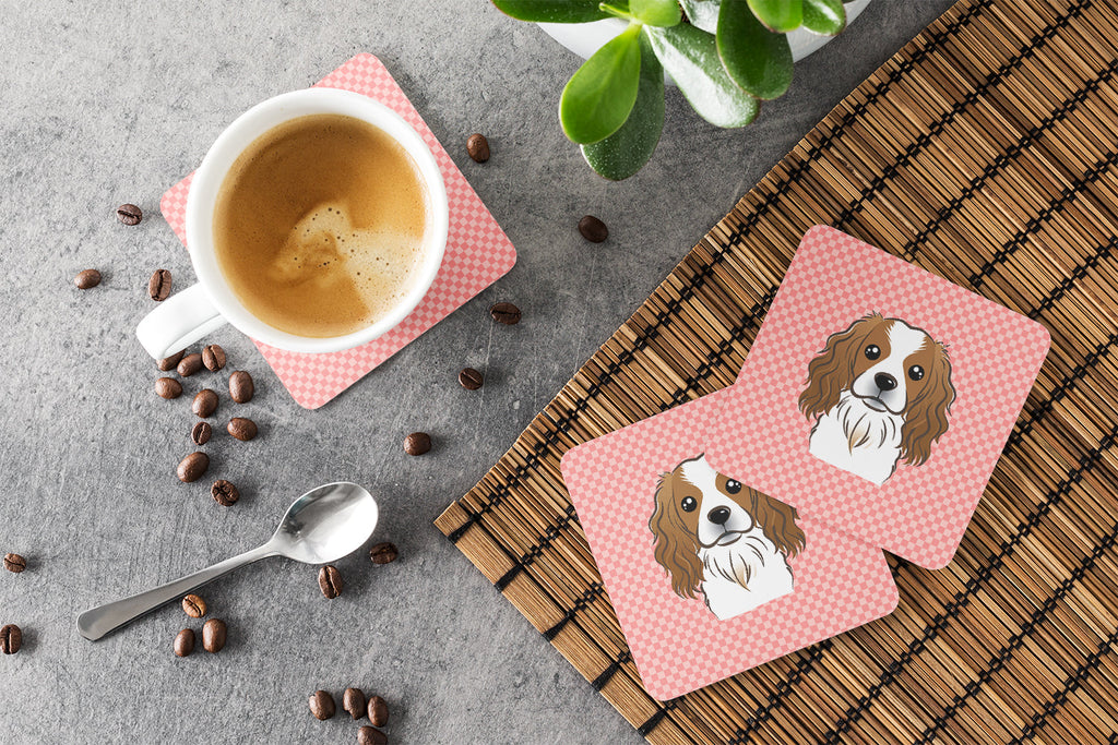 Checkerboard Pink Cavalier Spaniel Foam Coasters Set of 4 Cup Coasters for Indoor Outdoor, Tabletop Protection, Anti Slip, Mouse pad Material