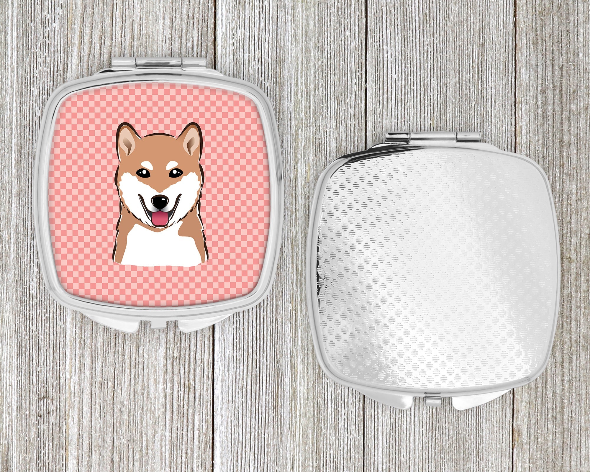 Checkerboard Pink Shiba Inu Compact Mirror Decorative Travel Makeup Mirror for Women Girls Gifts Pocket Makeup Mirror Folding Handheld