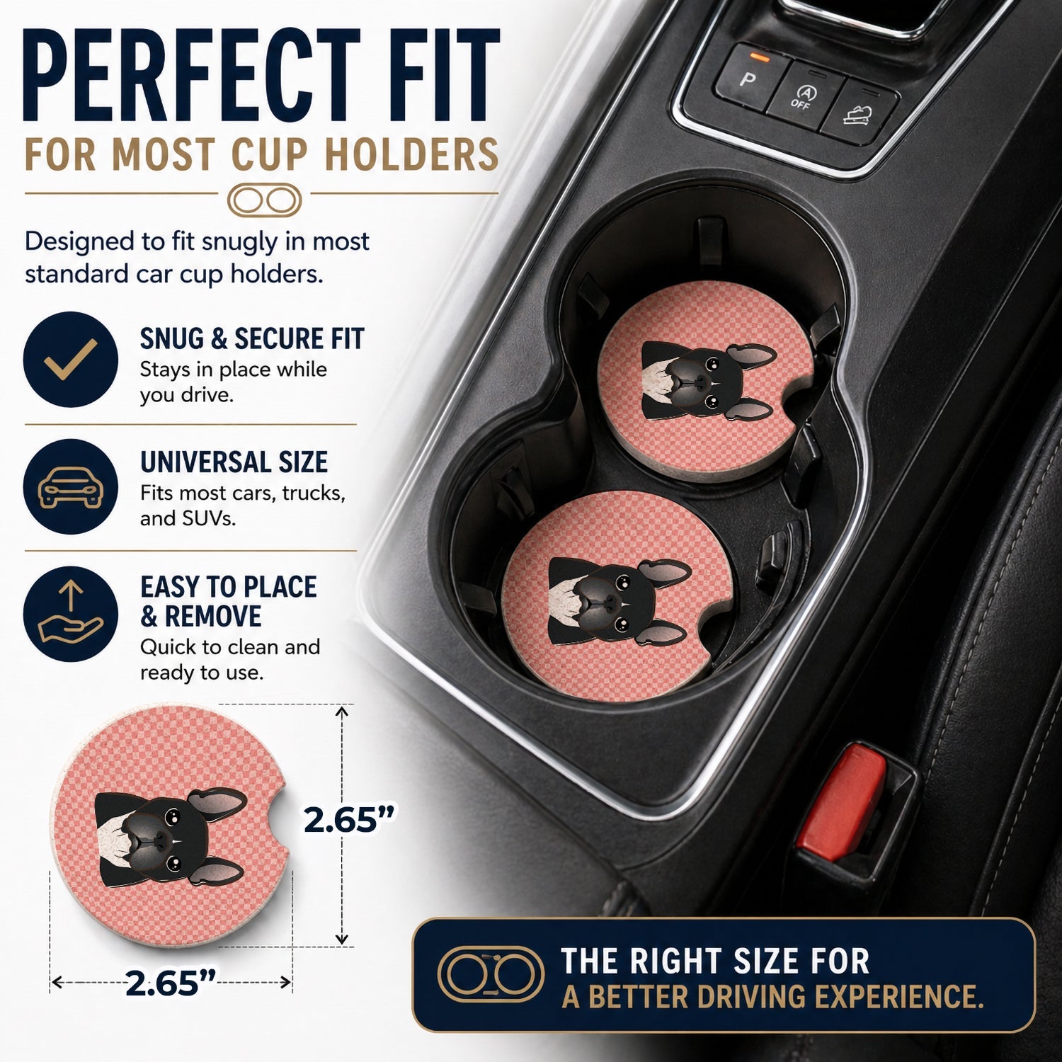 Checkerboard Pink French Bulldog Set of 2 Cup Holder Car Coasters Absorbent Round Sandstone Coasters Gifts for Men or Women, 2.5, Multicolor