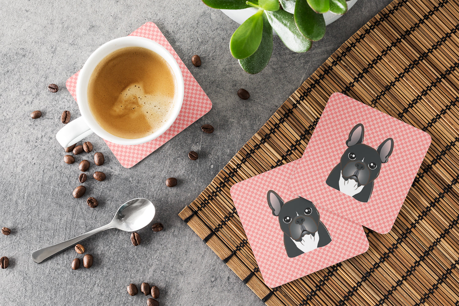 Checkerboard Pink French Bulldog Foam Coasters Set of 4 Cup Coasters for Indoor Outdoor, Tabletop Protection, Anti Slip, Mouse pad Material