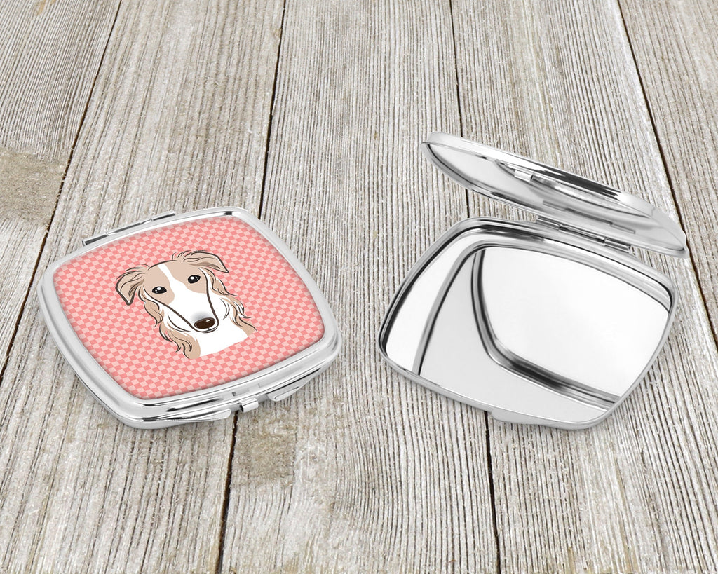 Checkerboard Pink Borzoi Compact Mirror Decorative Travel Makeup Mirror for Women Girls Gifts Pocket Makeup Mirror Folding Handheld