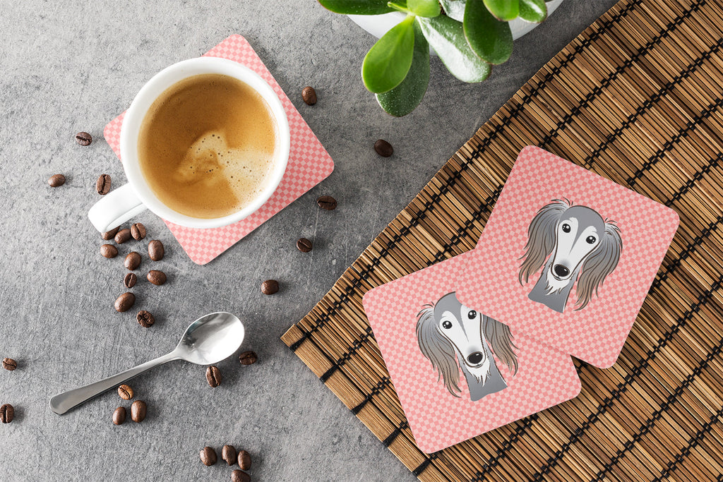 Checkerboard Pink Saluki Foam Coasters Set of 4 Cup Coasters for Indoor Outdoor, Tabletop Protection, Anti Slip, Mouse pad Material