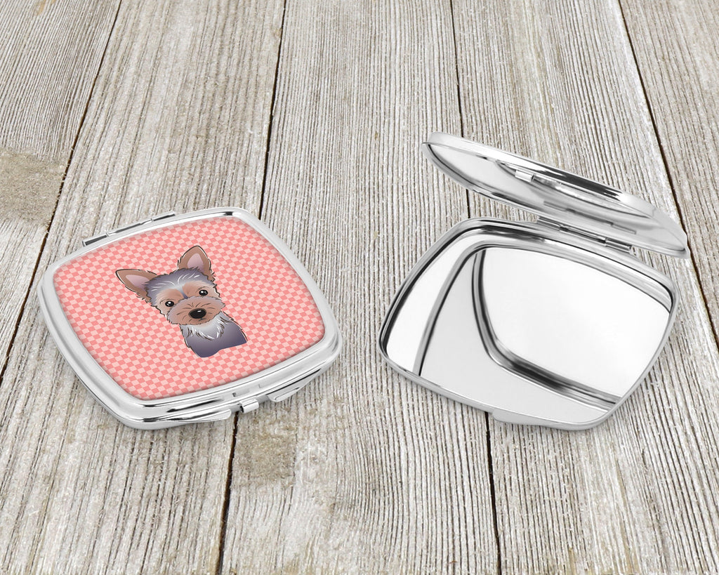 Checkerboard Pink Yorkie Puppy Compact Mirror Decorative Travel Makeup Mirror for Women Girls Gifts Pocket Makeup Mirror Folding Handheld