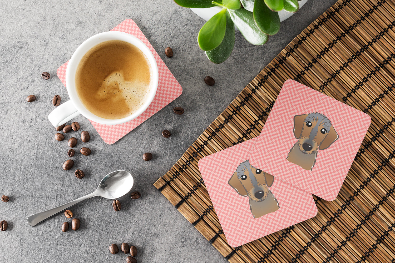 Checkerboard Pink Wirehaired Dachshund Foam Coasters Set of 4 Cup Coasters for Indoor Outdoor, Tabletop Protection, Anti Slip, Mouse pad Material