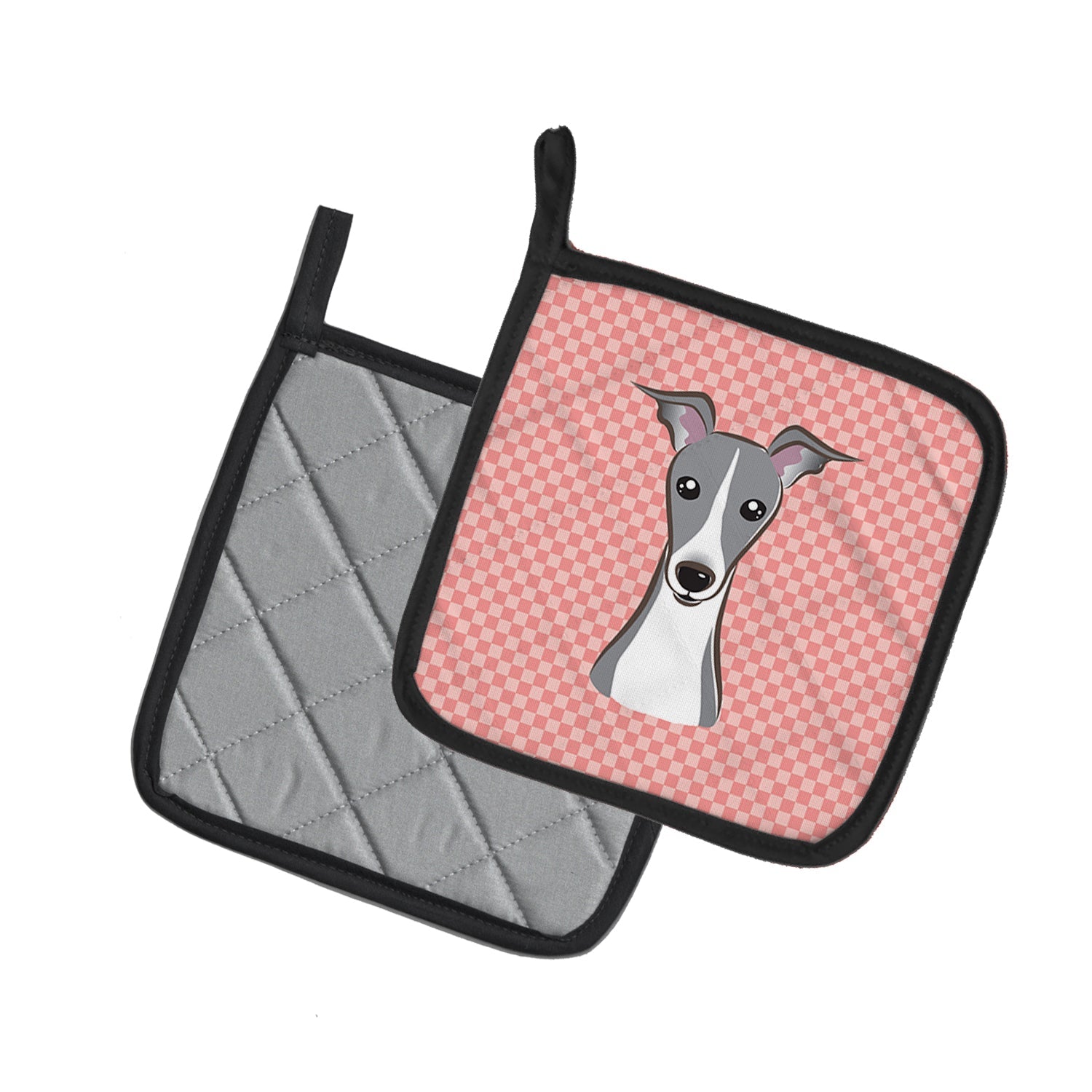 Checkerboard Pink Italian Greyhound Pot Holder Set of 2 Heat Resistant Quilted Hot Pads 7.5 x 7.5 Inch, Insulated Kitchen Trivets for Cooking & Baking