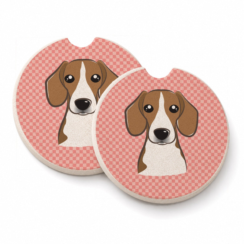 Checkerboard Pink Beagle Set of 2 Cup Holder Car Coasters Absorbent Round Sandstone Coasters Gifts for Men or Women, 2.5, Multicolor