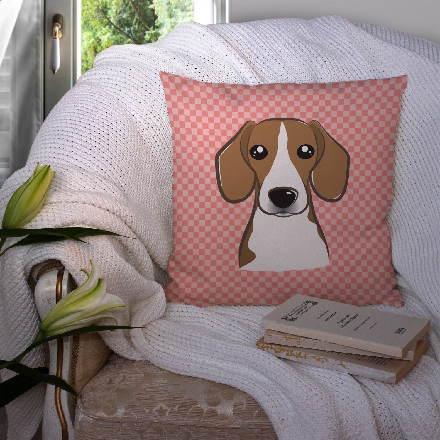 Checkerboard Pink Beagle Decorative Throw Pillow 14x14 Indoor Outdoor Accent Cushion, Fabric Cover with Insert for Sofa, Bed, Porch & Living Room