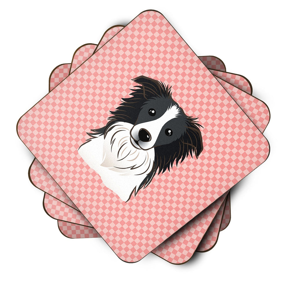 Checkerboard Pink Border Collie Foam Coasters Set of 4 Cup Coasters for Indoor Outdoor, Tabletop Protection, Anti Slip, Mouse pad Material