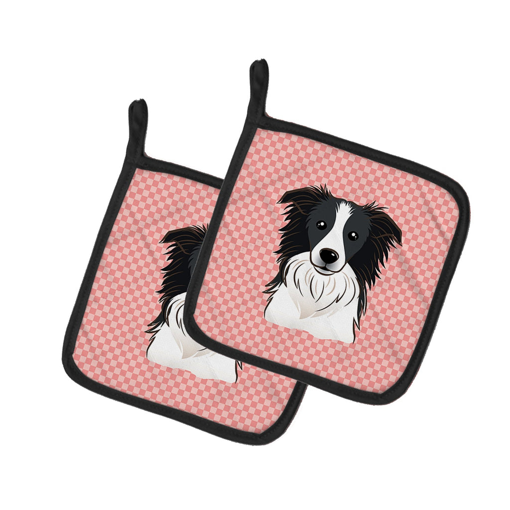 Checkerboard Pink Border Collie Pot Holder Set of 2 Heat Resistant Quilted Hot Pads 7.5 x 7.5 Inch, Insulated Kitchen Trivets for Cooking & Baking