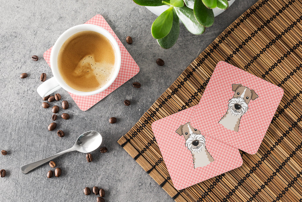 Checkerboard Pink Wire Haired Fox Terrier Foam Coasters Set of 4 Cup Coasters for Indoor Outdoor, Tabletop Protection, Anti Slip, Mouse pad Material