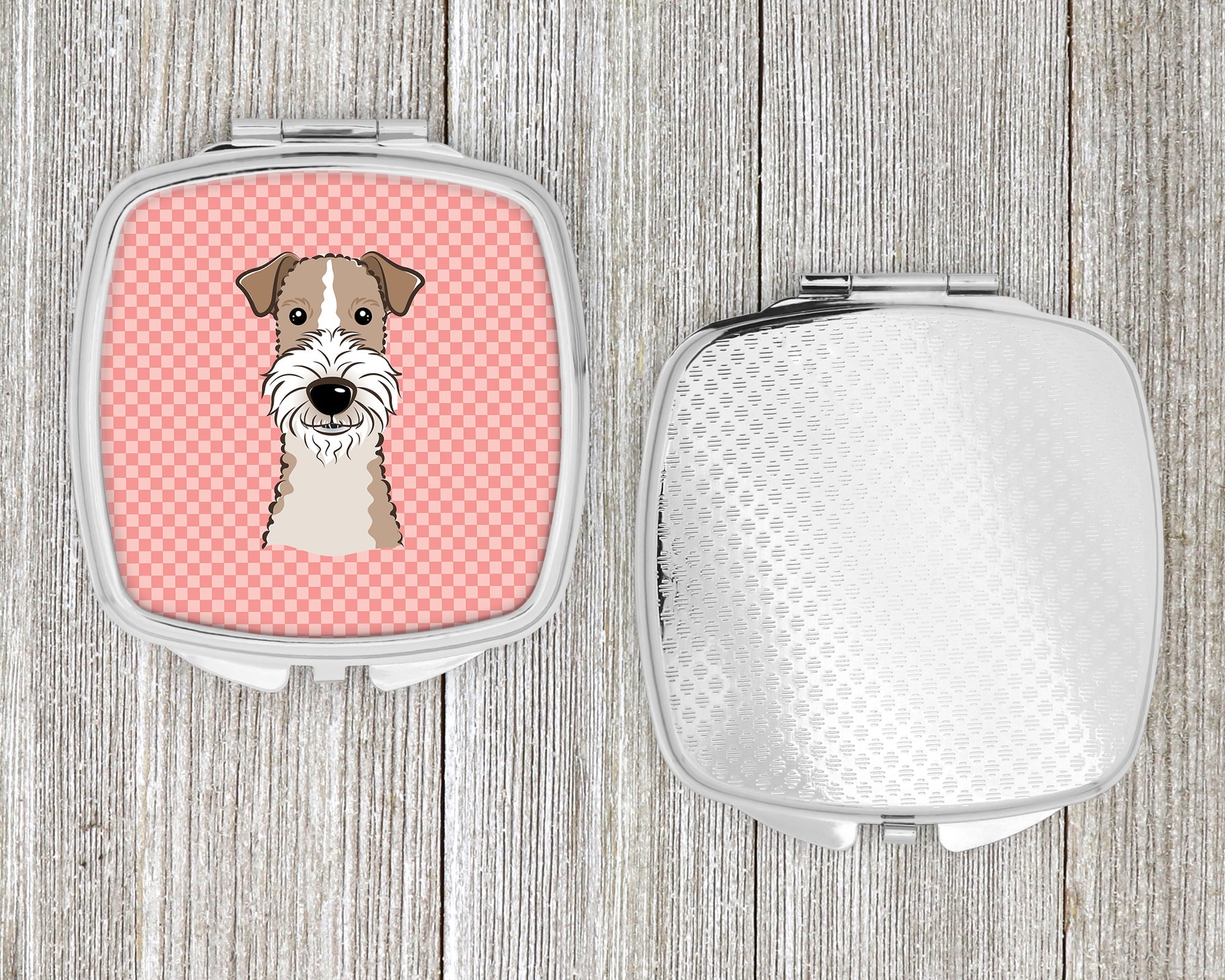 Checkerboard Pink Wire Haired Fox Terrier Compact Mirror Decorative Travel Makeup Mirror for Women Girls Gifts Pocket Makeup Mirror Folding Handheld