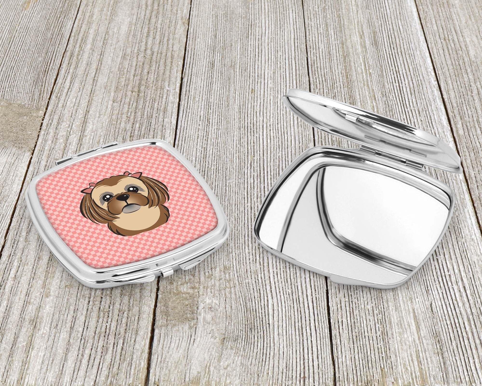 Checkerboard Pink Chocolate Brown Shih Tzu Compact Mirror Decorative Travel Makeup Mirror for Women Girls Gifts Pocket Makeup Mirror Folding Handheld
