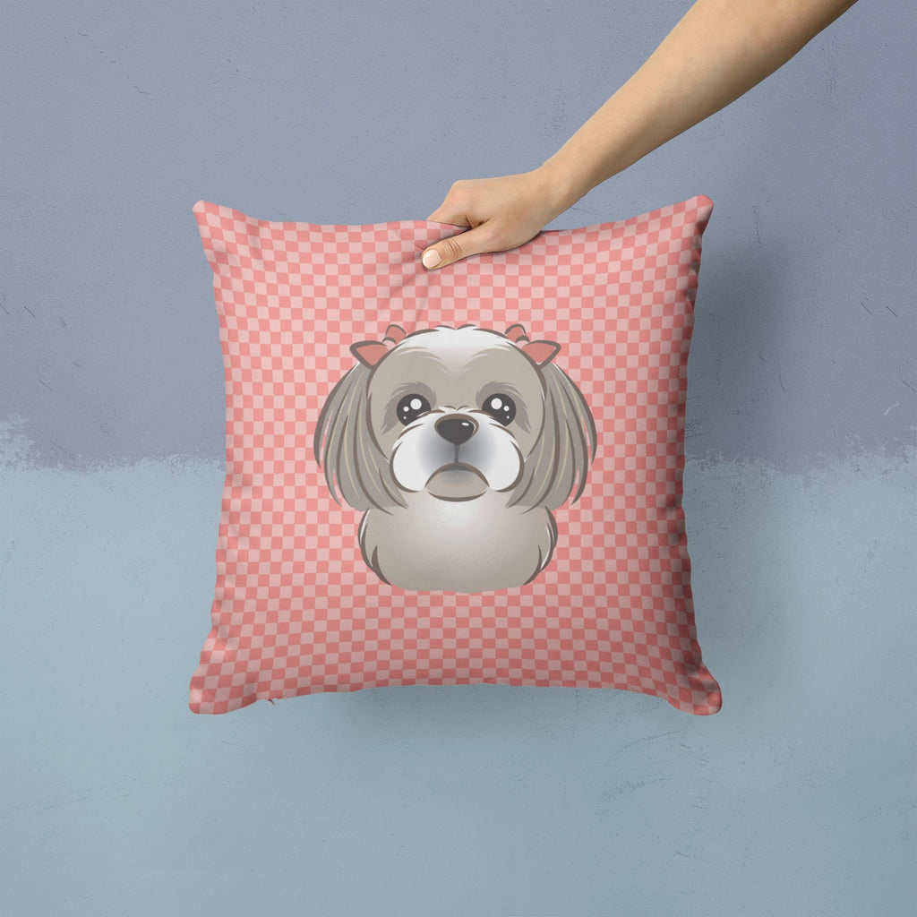 Checkerboard Pink Gray Silver Shih Tzu Decorative Throw Pillow 14x14 Indoor Outdoor Accent Cushion, Fabric Cover with Insert for Sofa, Bed, Porch & Living Room