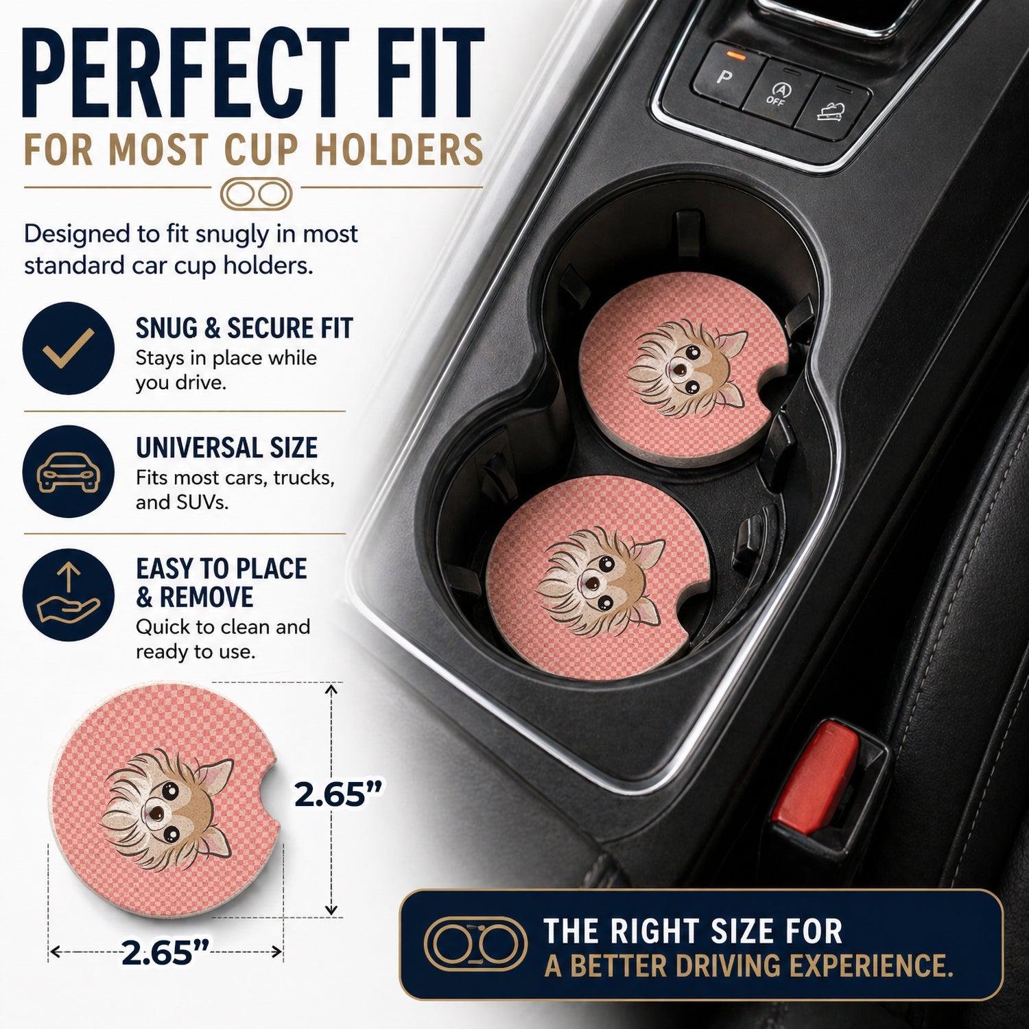 Checkerboard Pink Chihuahua Set of 2 Cup Holder Car Coasters Absorbent Round Sandstone Coasters Gifts for Men or Women, 2.5, Multicolor