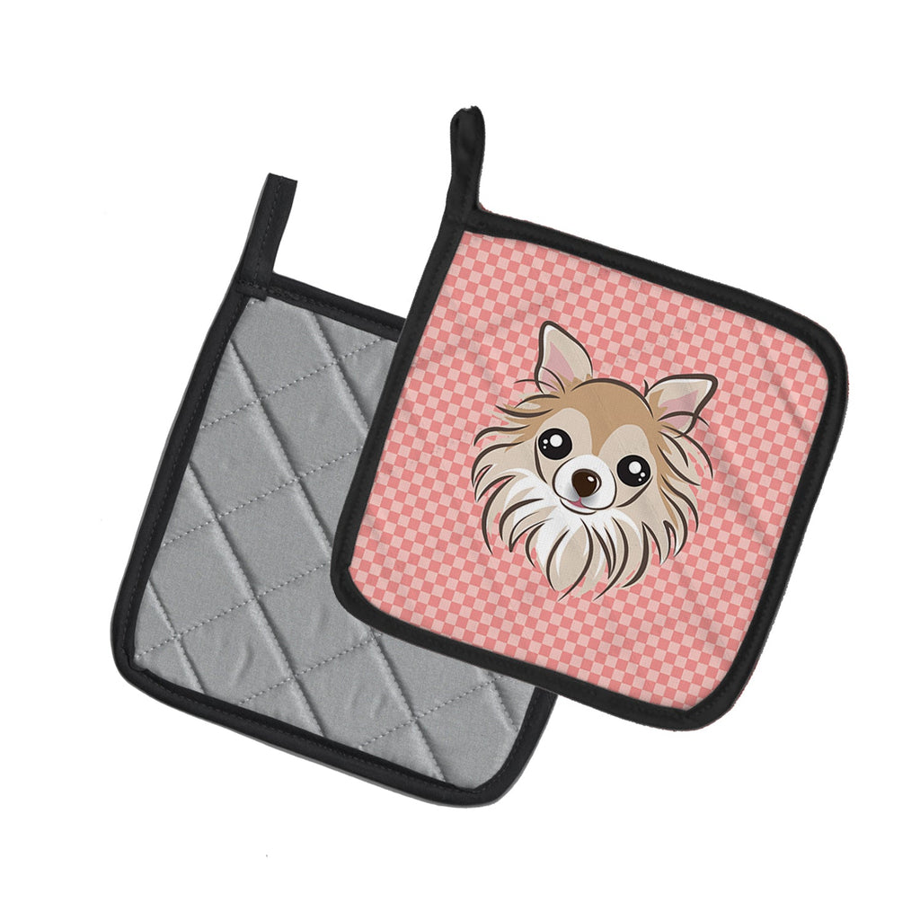 Checkerboard Pink Chihuahua Pot Holder Set of 2 Heat Resistant Quilted Hot Pads 7.5 x 7.5 Inch, Insulated Kitchen Trivets for Cooking & Baking