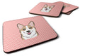 Checkerboard Pink Corgi Foam Coasters Set of 4 Cup Coasters for Indoor Outdoor, Tabletop Protection, Anti Slip, Mouse pad Material