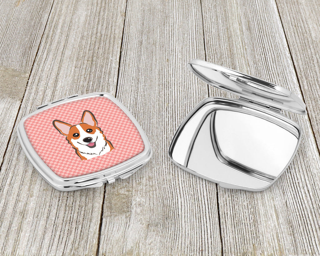 Checkerboard Pink Corgi Compact Mirror Decorative Travel Makeup Mirror for Women Girls Gifts Pocket Makeup Mirror Folding Handheld