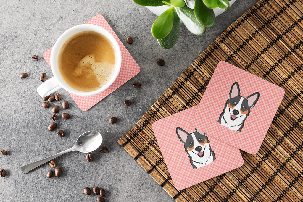 Checkerboard Pink Corgi Foam Coasters Set of 4 Cup Coasters for Indoor Outdoor, Tabletop Protection, Anti Slip, Mouse pad Material