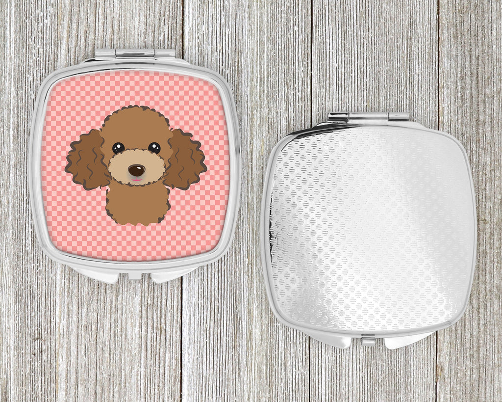 Checkerboard Pink Chocolate Brown Poodle Compact Mirror Decorative Travel Makeup Mirror for Women Girls Gifts Pocket Makeup Mirror Folding Handheld