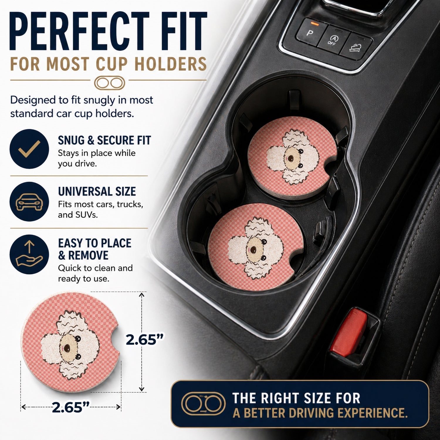 Checkerboard Pink White Poodle Set of 2 Cup Holder Car Coasters Absorbent Round Sandstone Coasters Gifts for Men or Women, 2.5, Multicolor