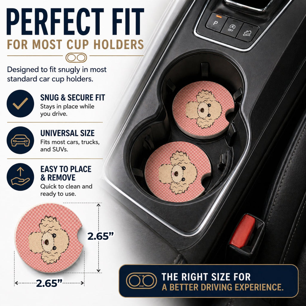 Checkerboard Pink Buff Poodle Set of 2 Cup Holder Car Coasters Absorbent Round Sandstone Coasters Gifts for Men or Women, 2.5, Multicolor