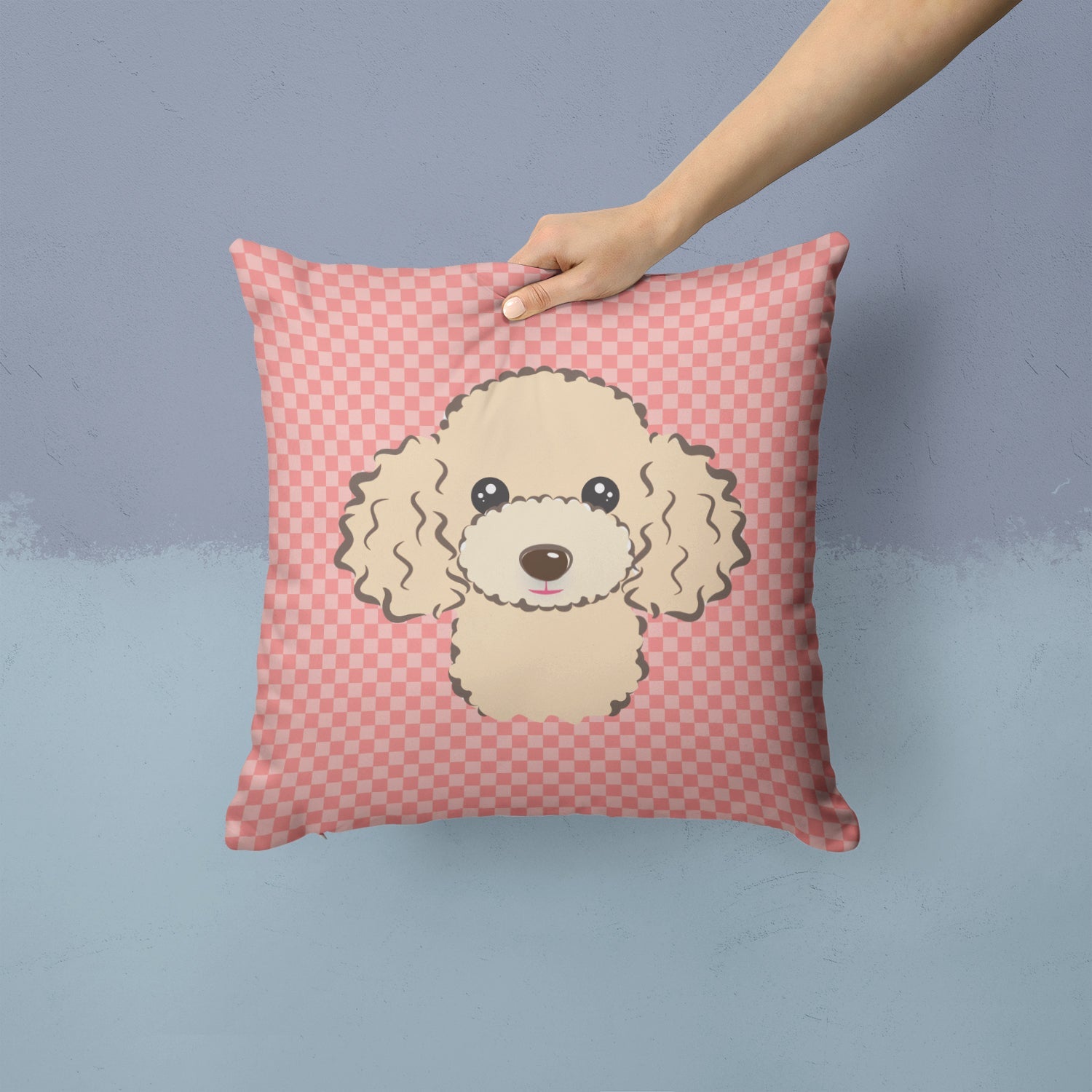 Checkerboard Pink Buff Poodle Decorative Throw Pillow 14x14 Indoor Outdoor Accent Cushion, Fabric Cover with Insert for Sofa, Bed, Porch & Living Room