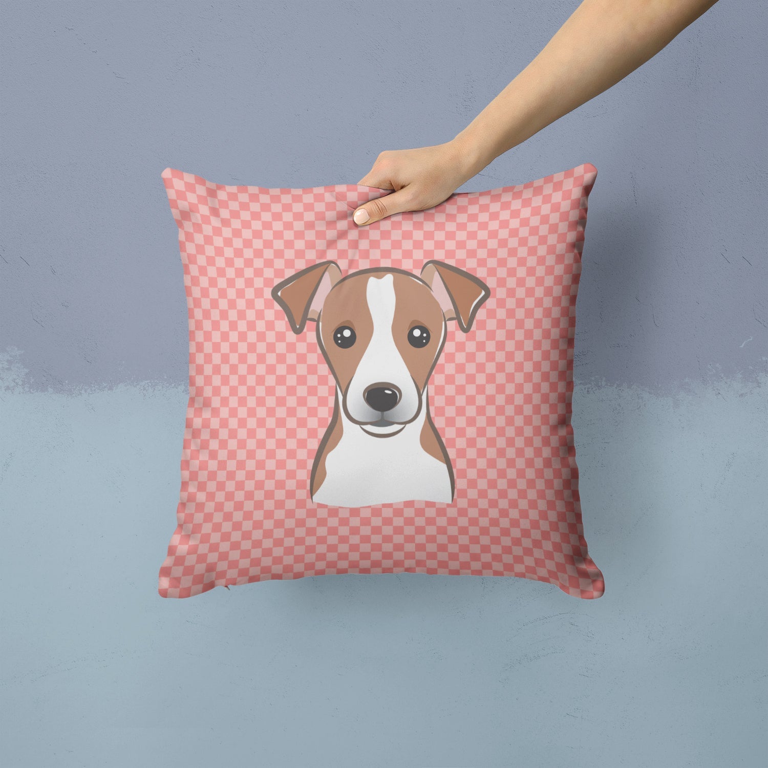 Checkerboard Pink Jack Russell Terrier Decorative Throw Pillow 14x14 Indoor Outdoor Accent Cushion, Fabric Cover with Insert for Sofa, Bed, Porch & Living Room