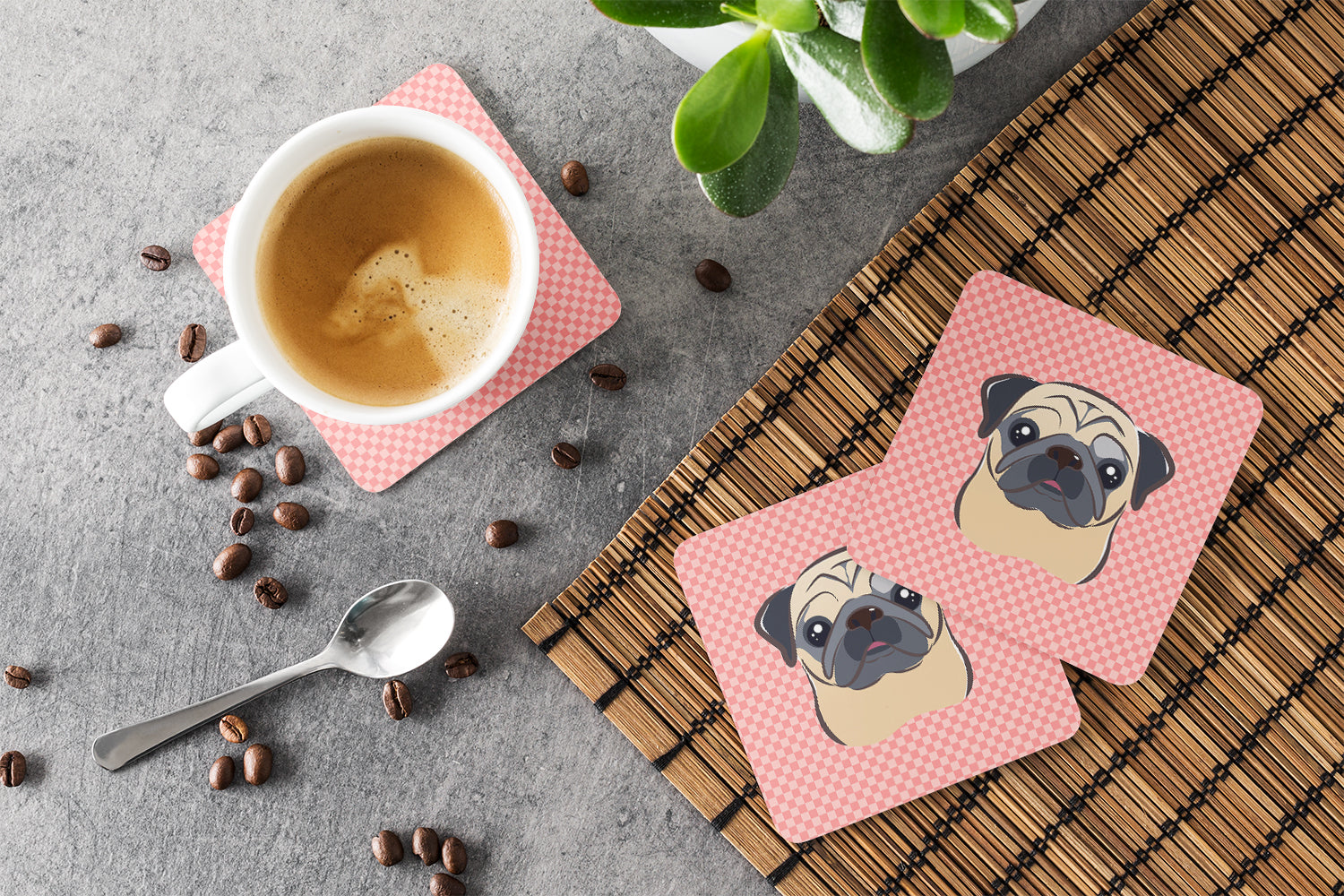 Checkerboard Pink Fawn Pug Foam Coasters Set of 4 Cup Coasters for Indoor Outdoor, Tabletop Protection, Anti Slip, Mouse pad Material