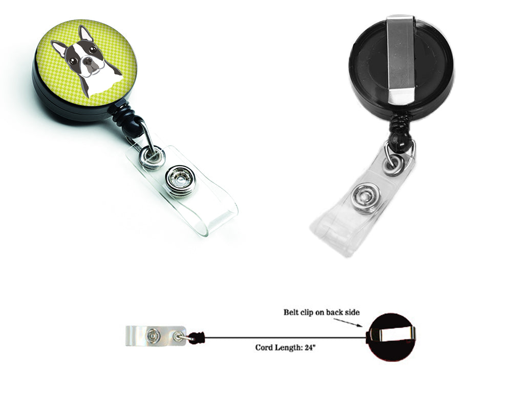 Checkerboard Lime Green Boston Terrier Retractable Badge Reel for Nurses ID Badge Holder with Clip Retractable Employee Badge Holder, Belt Clip