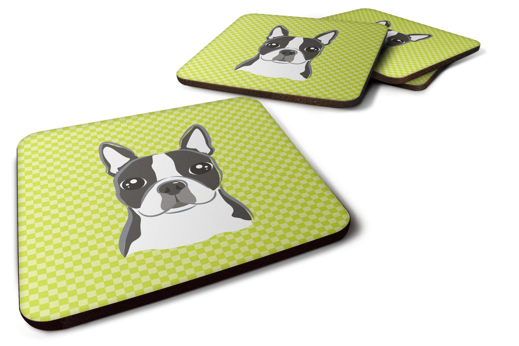 Checkerboard Lime Green Boston Terrier Foam Coasters Set of 4 Cup Coasters for Indoor Outdoor, Tabletop Protection, Anti Slip, Mouse pad Material