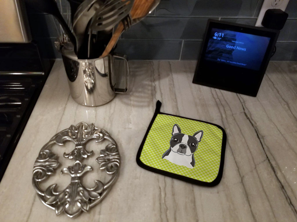 Checkerboard Lime Green Boston Terrier Pot Holder Set of 2 Heat Resistant Quilted Hot Pads 7.5 x 7.5 Inch, Insulated Kitchen Trivets for Cooking & Baking