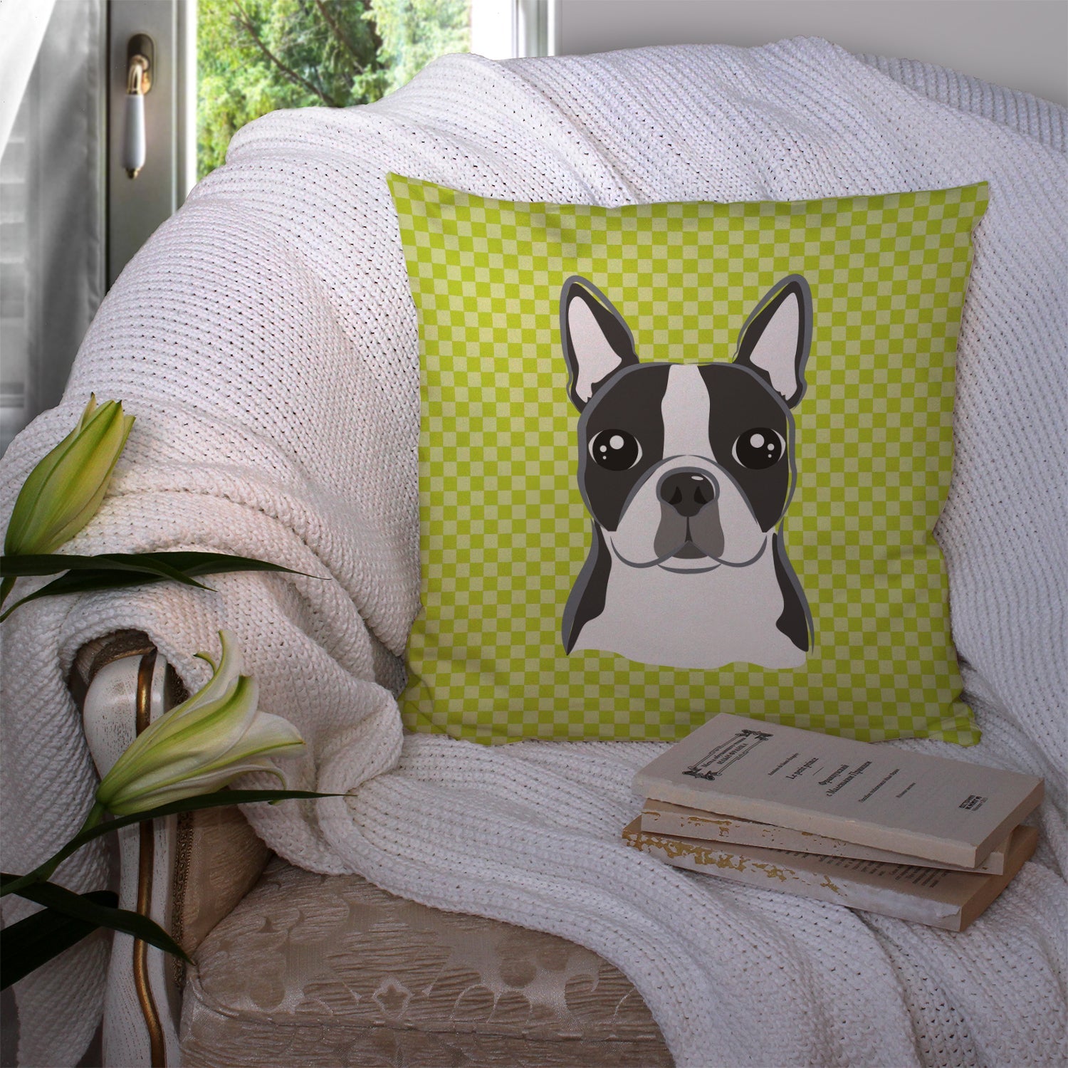 Checkerboard Lime Green Boston Terrier Decorative Throw Pillow 14x14 Indoor Outdoor Accent Cushion, Fabric Cover with Insert for Sofa, Bed, Porch & Living Room