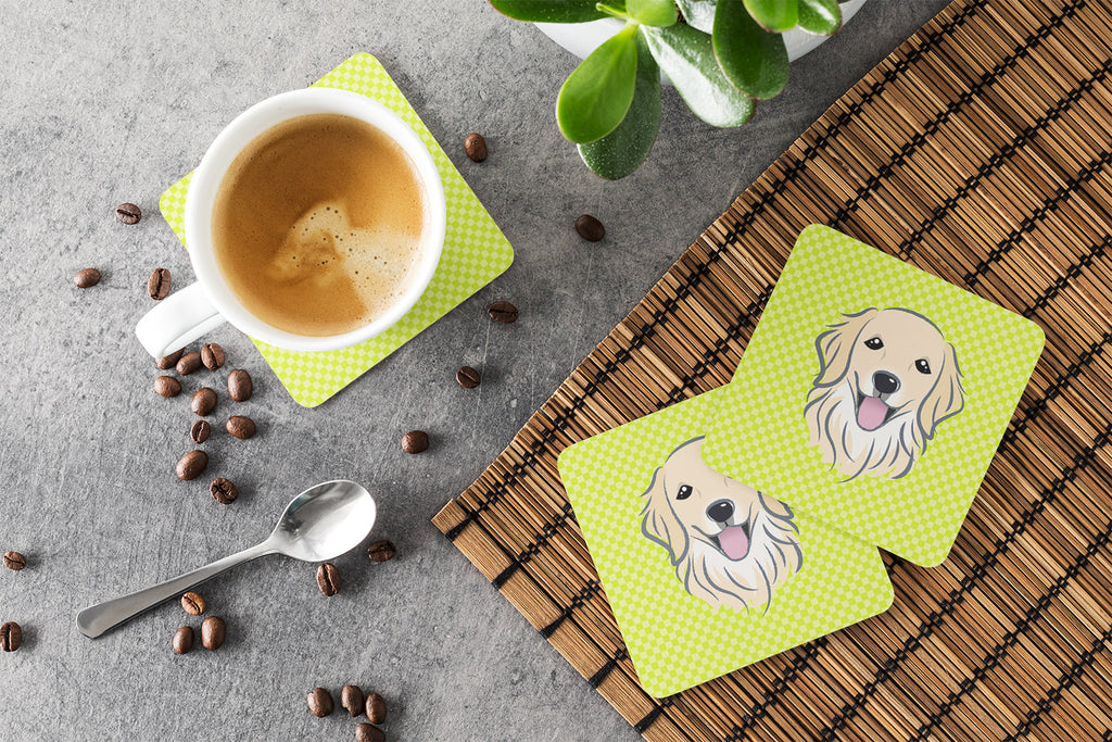 Checkerboard Lime Green Golden Retriever Foam Coasters Set of 4 Cup Coasters for Indoor Outdoor, Tabletop Protection, Anti Slip, Mouse pad Material