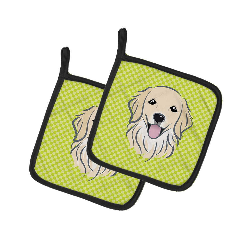 Checkerboard Lime Green Golden Retriever Pot Holder Set of 2 Heat Resistant Quilted Hot Pads 7.5 x 7.5 Inch, Insulated Kitchen Trivets for Cooking & Baking