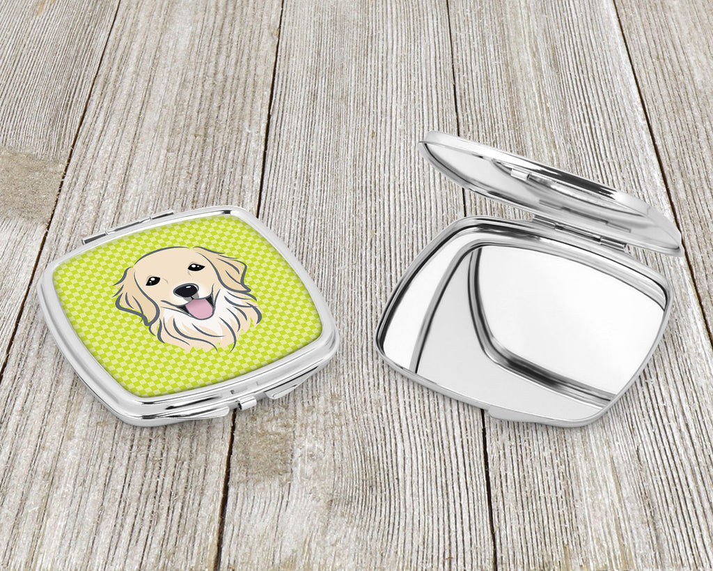 Checkerboard Lime Green Golden Retriever Compact Mirror Decorative Travel Makeup Mirror for Women Girls Gifts Pocket Makeup Mirror Folding Handheld