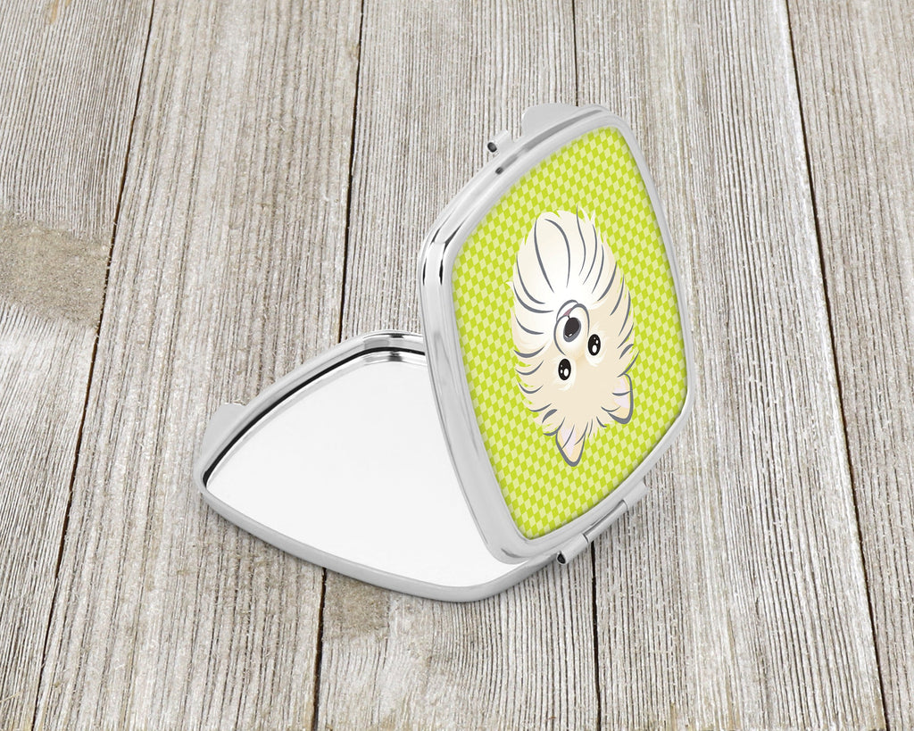 Checkerboard Lime Green Pomeranian Compact Mirror Decorative Travel Makeup Mirror for Women Girls Gifts Pocket Makeup Mirror Folding Handheld