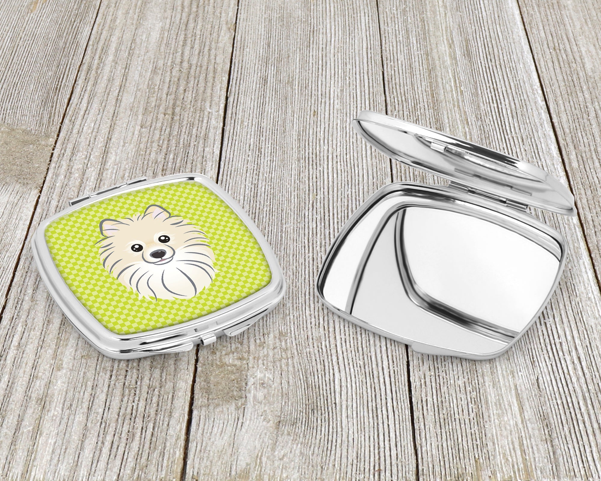 Checkerboard Lime Green Pomeranian Compact Mirror Decorative Travel Makeup Mirror for Women Girls Gifts Pocket Makeup Mirror Folding Handheld