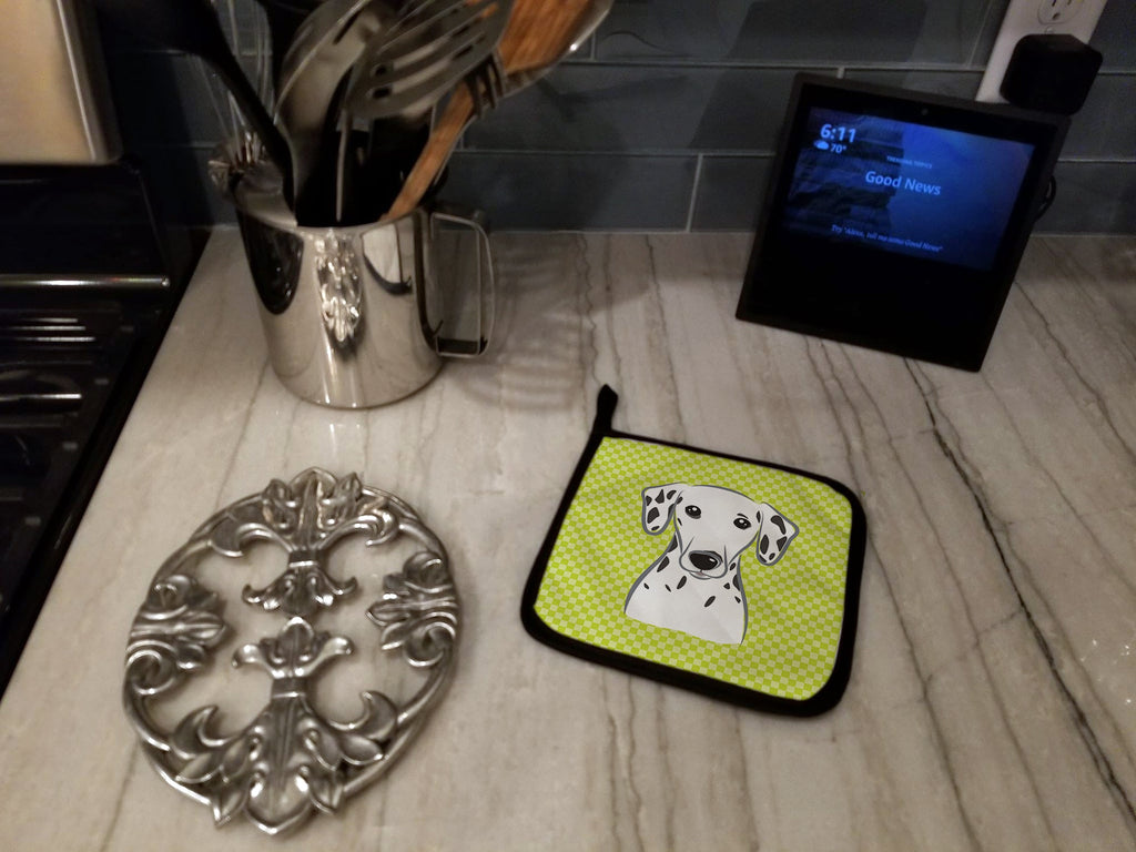 Checkerboard Lime Green Dalmatian Pot Holder Set of 2 Heat Resistant Quilted Hot Pads 7.5 x 7.5 Inch, Insulated Kitchen Trivets for Cooking & Baking