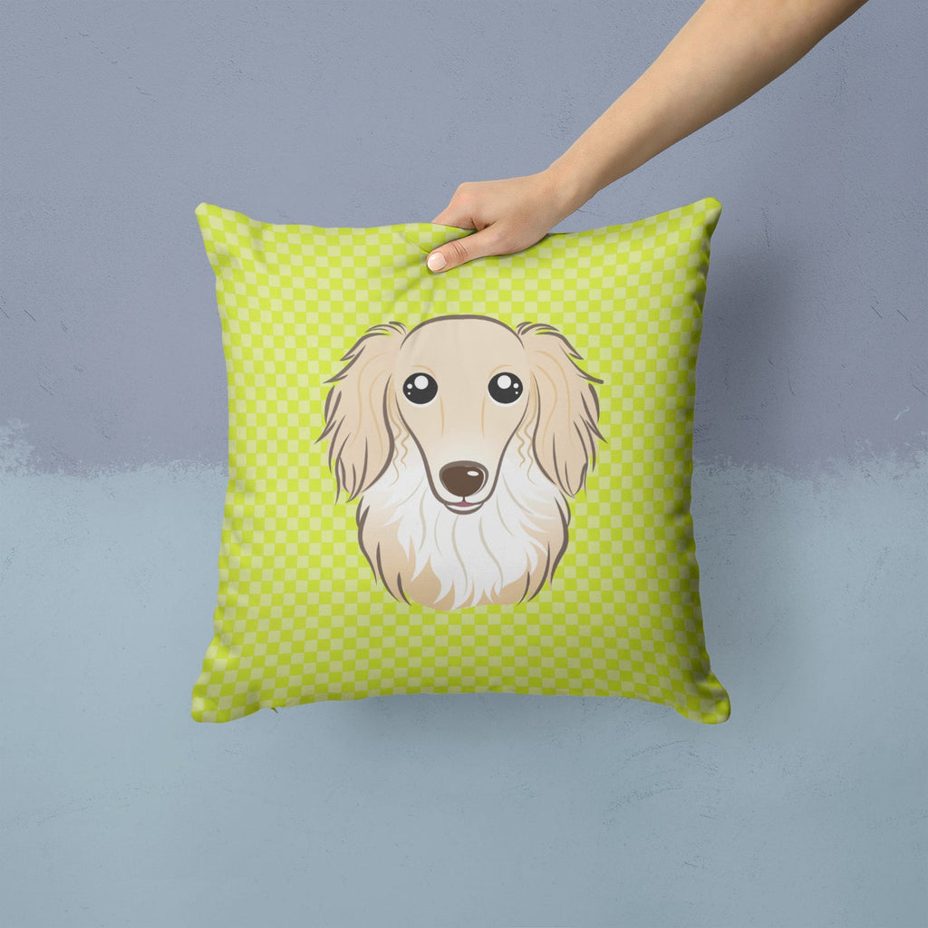 Checkerboard Lime Green Longhair Creme Dachshund Decorative Throw Pillow 14x14 Indoor Outdoor Accent Cushion, Fabric Cover with Insert for Sofa, Bed, Porch & Living Room