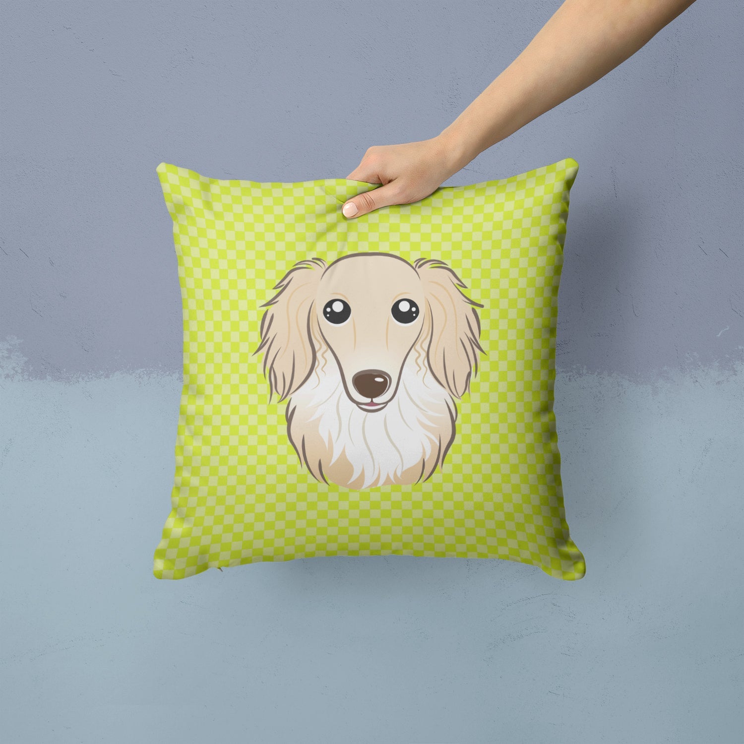 Checkerboard Lime Green Longhair Creme Dachshund Decorative Throw Pillow 14x14 Indoor Outdoor Accent Cushion, Fabric Cover with Insert for Sofa, Bed, Porch & Living Room