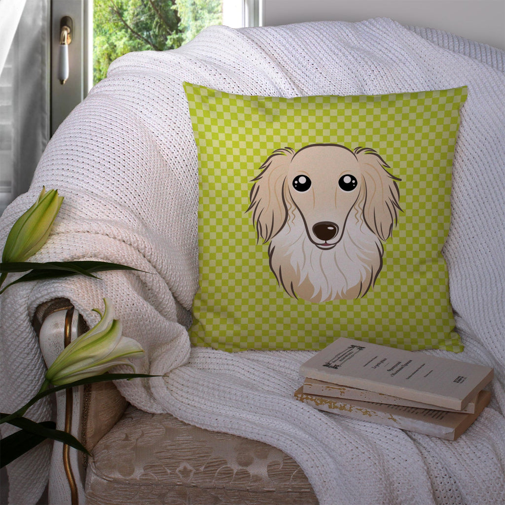 Checkerboard Lime Green Longhair Creme Dachshund Decorative Throw Pillow 14x14 Indoor Outdoor Accent Cushion, Fabric Cover with Insert for Sofa, Bed, Porch & Living Room